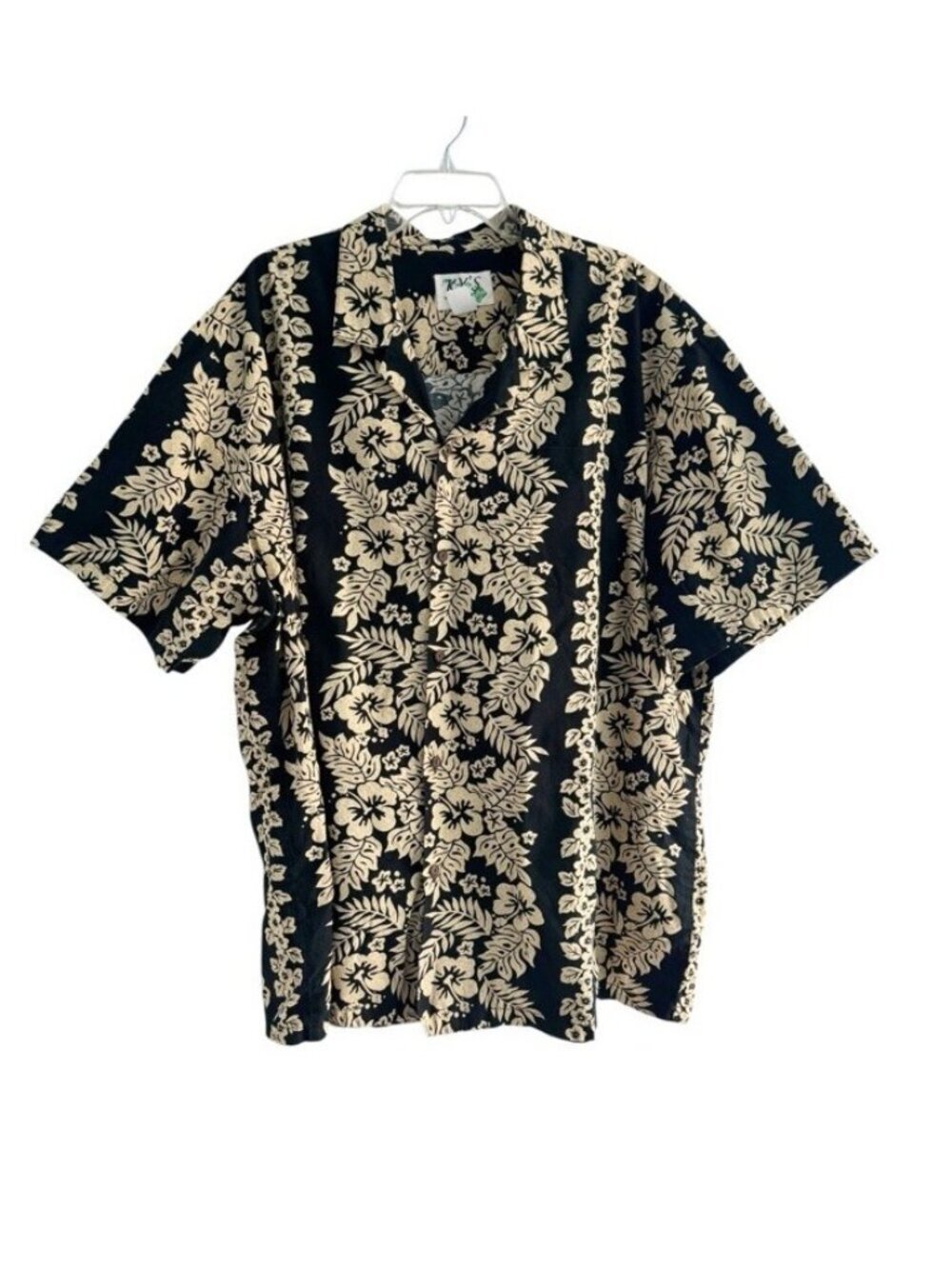 KY'S Mens Sz 4XL Black Cream Tropical Floral Hawaiian Shirt Made in Hawaii USA